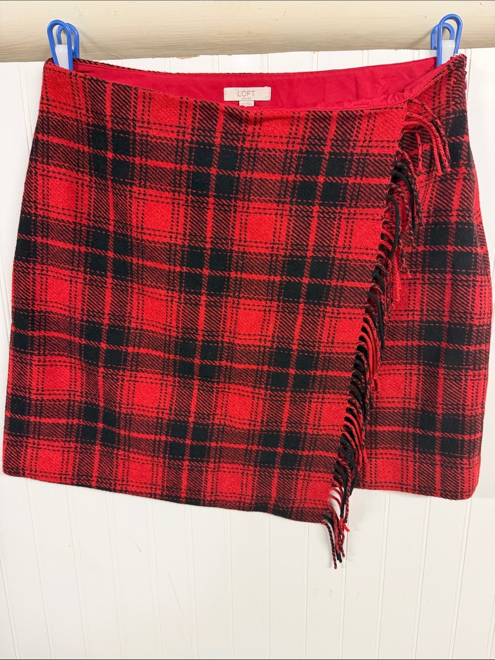 LOFT Red and Black Plaid Fringe Wrap Mini Skirt